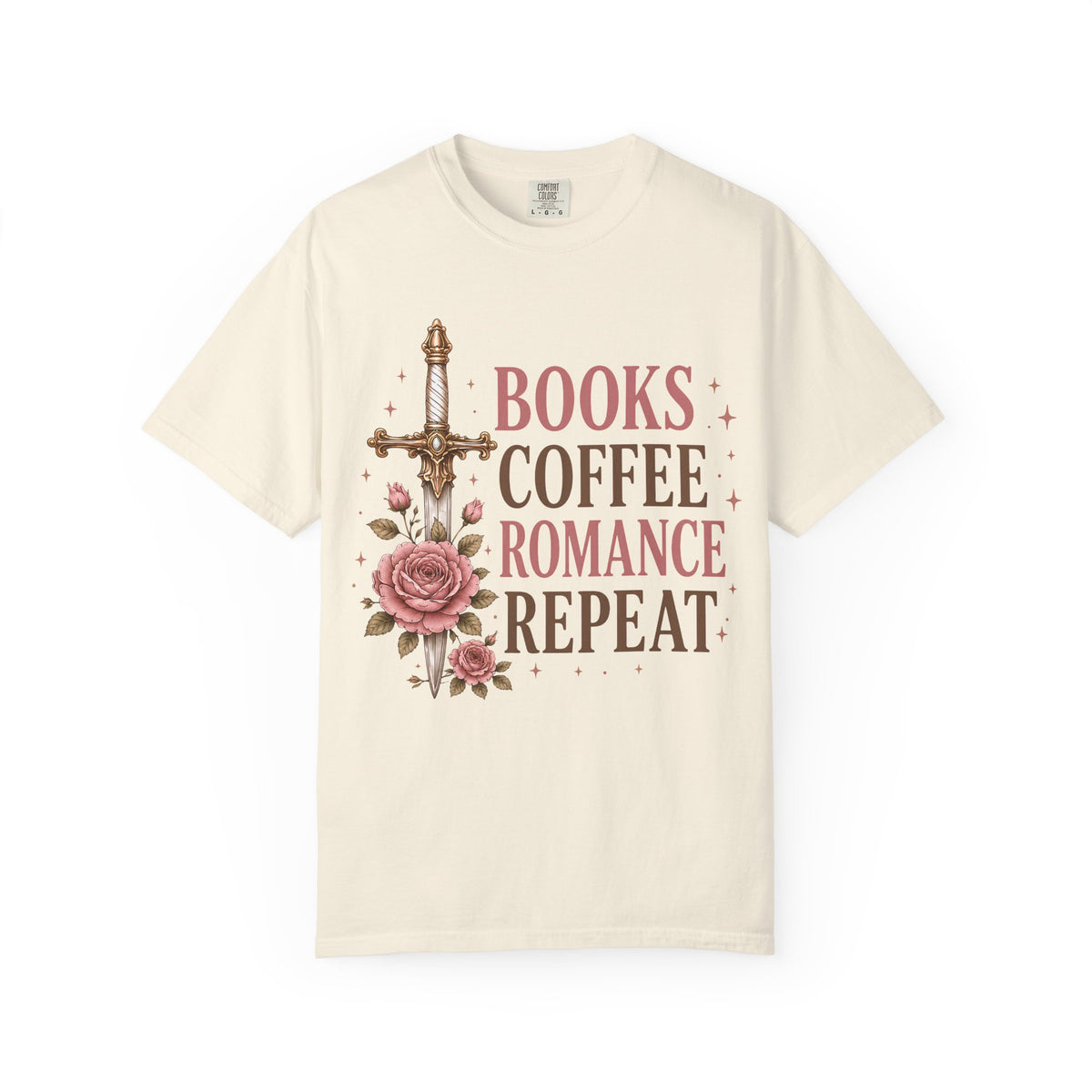 Romance Reader T-Shirt — "Books Coffee Romance Repeat" Floral Sword Graphic