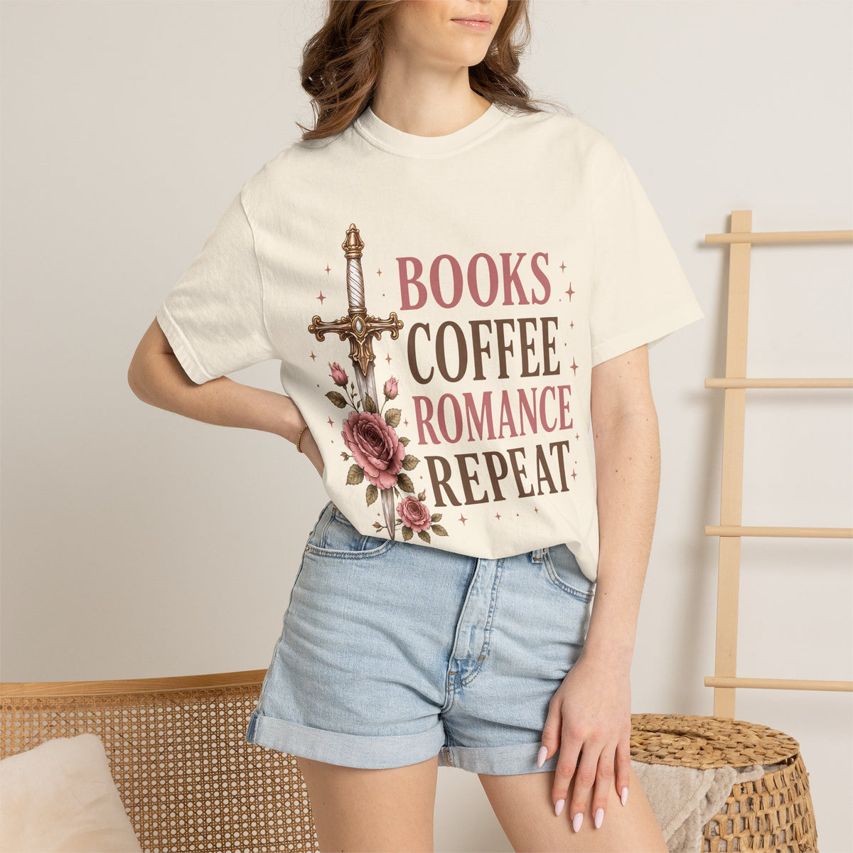 Romance Reader T-Shirt — "Books Coffee Romance Repeat" Floral Sword Graphic