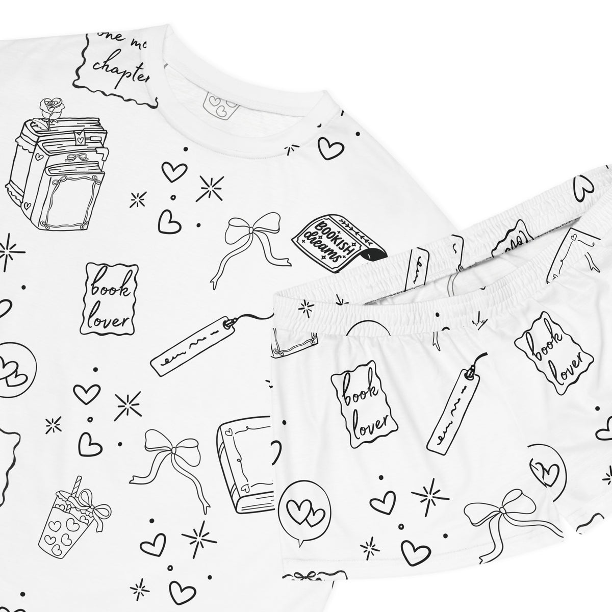Women's Pajama Set — Black & White Booklover Short Sleep Set ("Just One More Chapter")