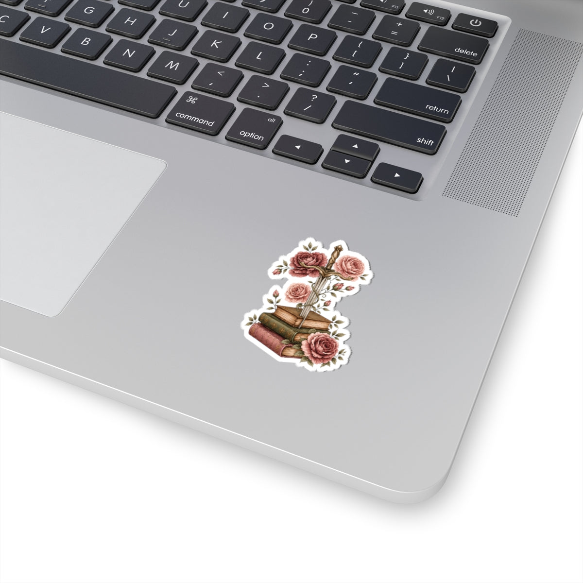 Vintage Sword & Books Floral Sticker — Romantic Rose Booklover Kiss-Cut Sticker