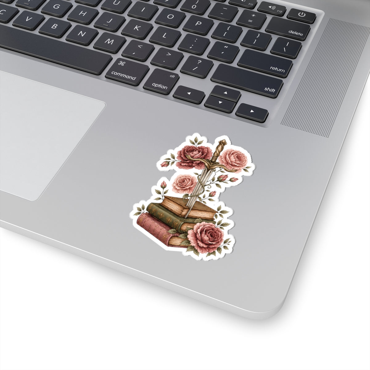Vintage Sword & Books Floral Sticker — Romantic Rose Booklover Kiss-Cut Sticker