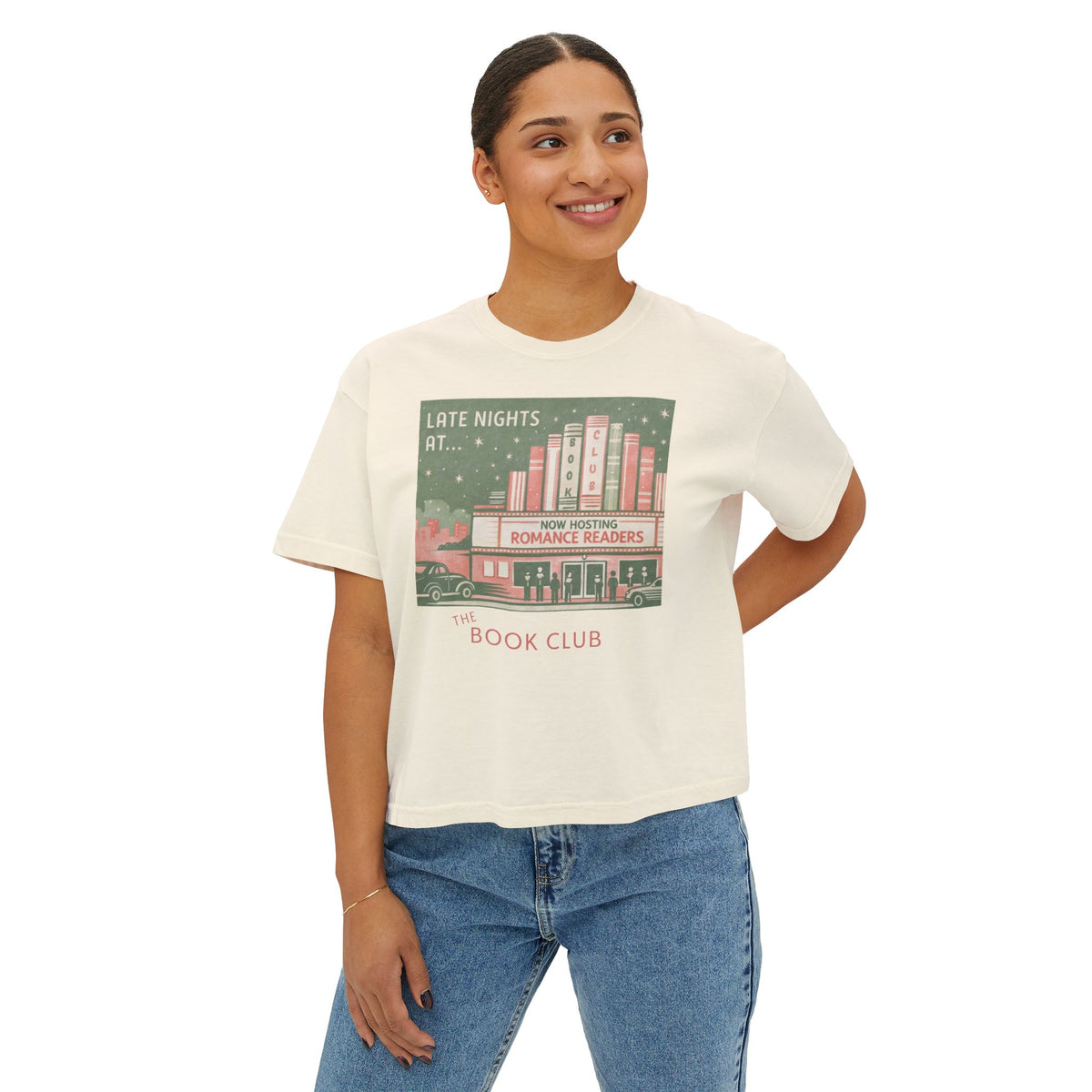 Book Club Boxy Tee — "Stay Up Late" Women's Crop Shirt