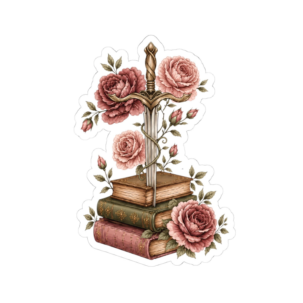 Vintage Sword & Books Floral Sticker — Romantic Rose Booklover Kiss-Cut Sticker