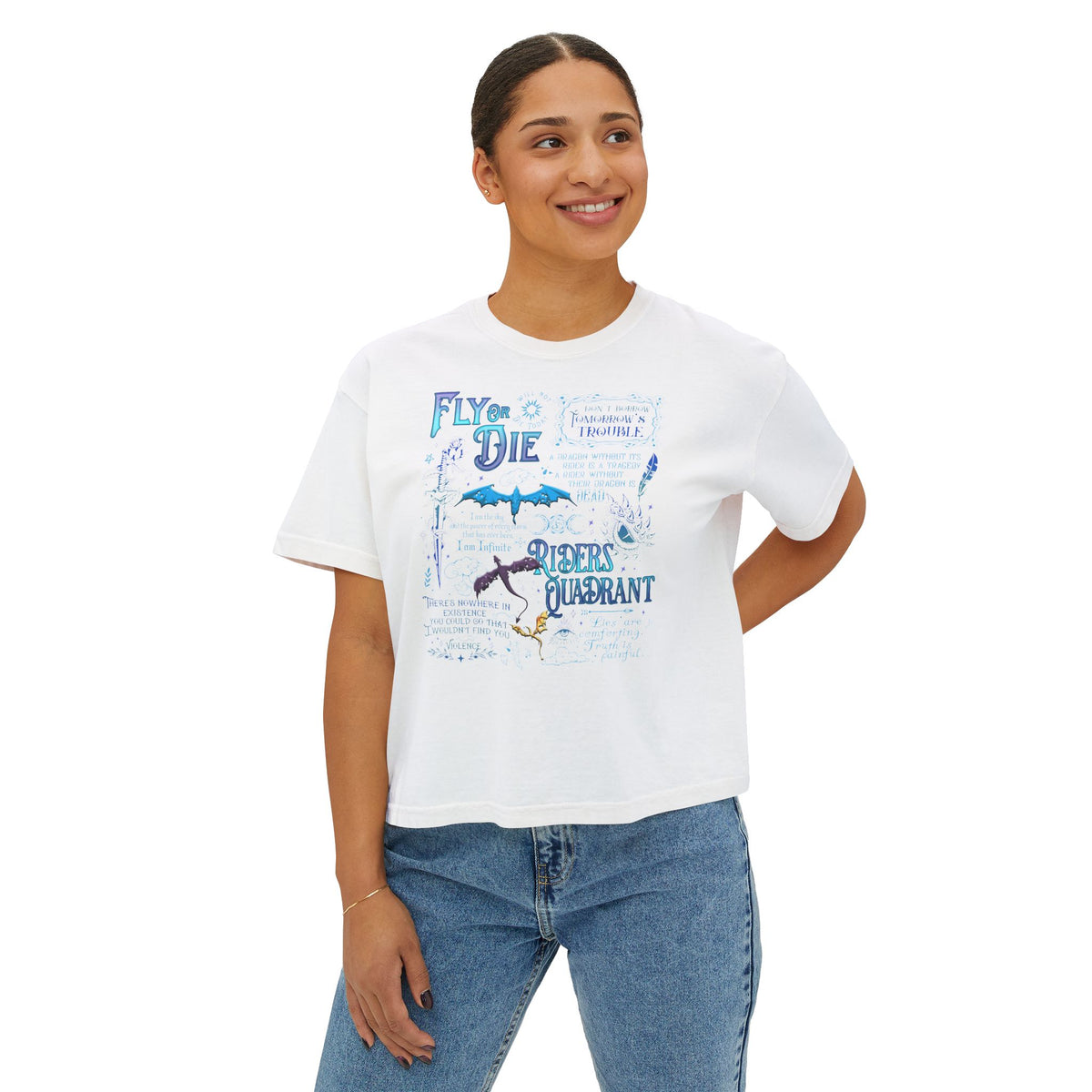 Fly or Die Riders Quadrant Boxy Tee — Fourth Wing Fandom Inspired Women's Cropped Graphic Tee