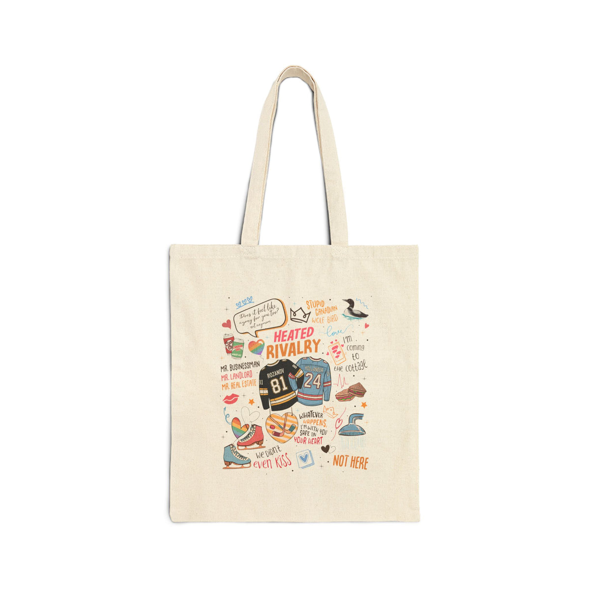 Heated Rivalry Hockey Illustration Cotton Tote — Custom Text Canvas Bag