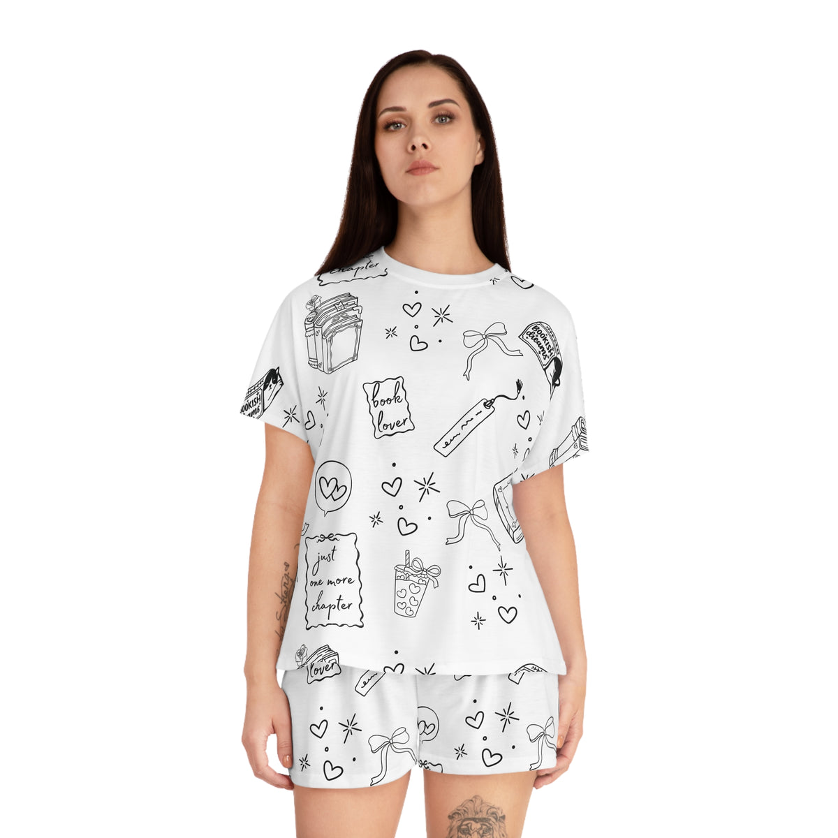 Women's Pajama Set — Black & White Booklover Short Sleep Set ("Just One More Chapter")