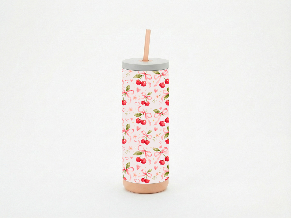 Sweet Bows & Berries 20oz Tumbler Collection | Strawberry & Cherry Aesthetic Insulated Cup with Straw