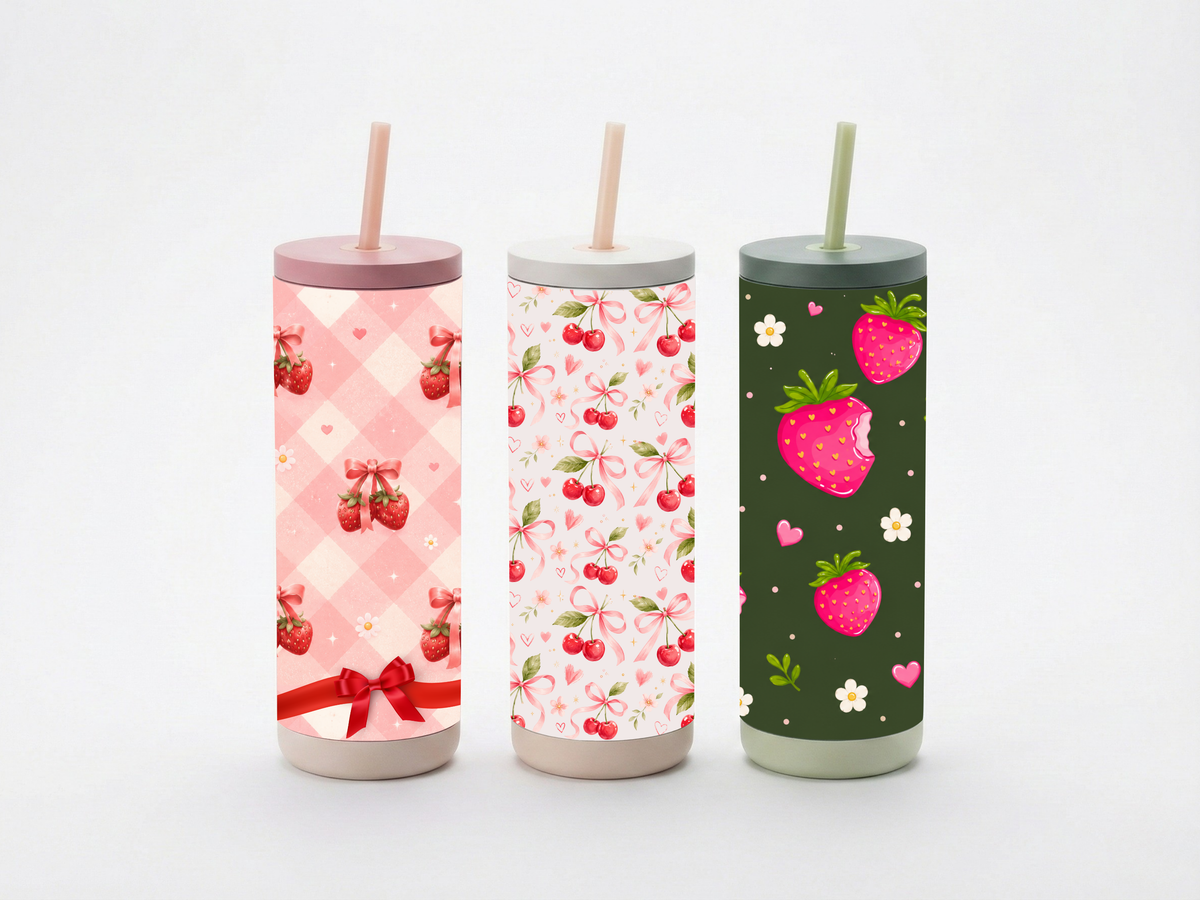 Sweet Bows & Berries 20oz Tumbler Collection | Strawberry & Cherry Aesthetic Insulated Cup with Straw