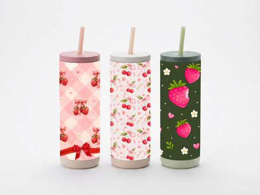 Sweet Bows & Berries 20oz Tumbler Collection | Strawberry & Cherry Aesthetic Insulated Cup with Straw