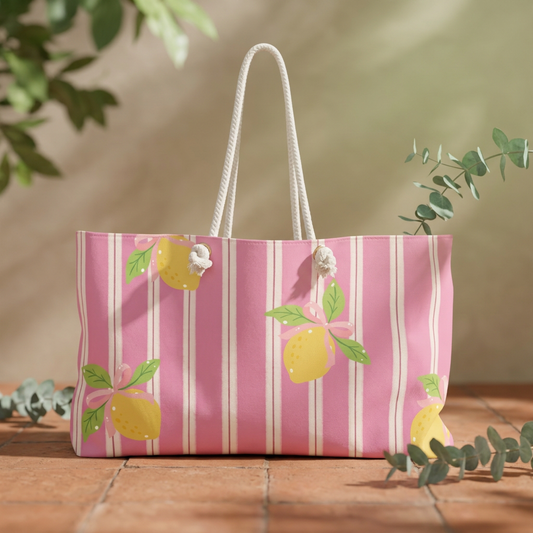 Lemon Stripe Weekender Bag — Pink Citrus Travel Tote