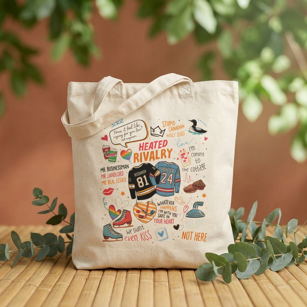 Heated Rivalry Hockey Illustration Cotton Tote — Custom Text Canvas Bag