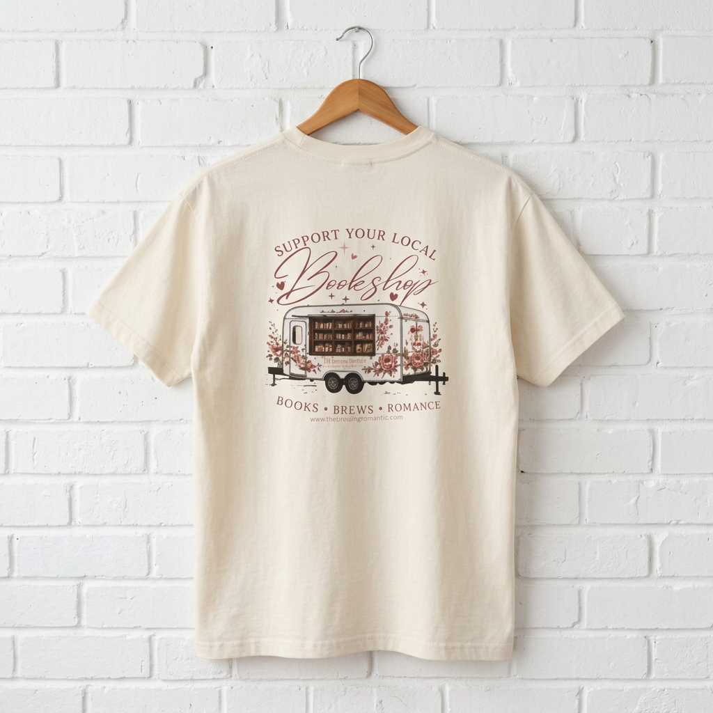 Support Your Local Bookshop Tee — Women's Boxy Shirt with Bookmobile & Floral Design