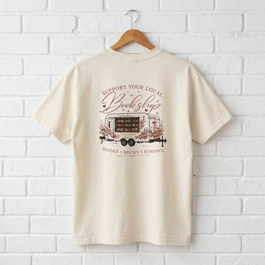 Support Your Local Bookshop Tee — Women's Boxy Shirt with Bookmobile & Floral Design