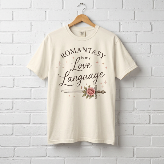 T-Shirt — "Romantasy Is My Love Language" Floral Sword Graphic
