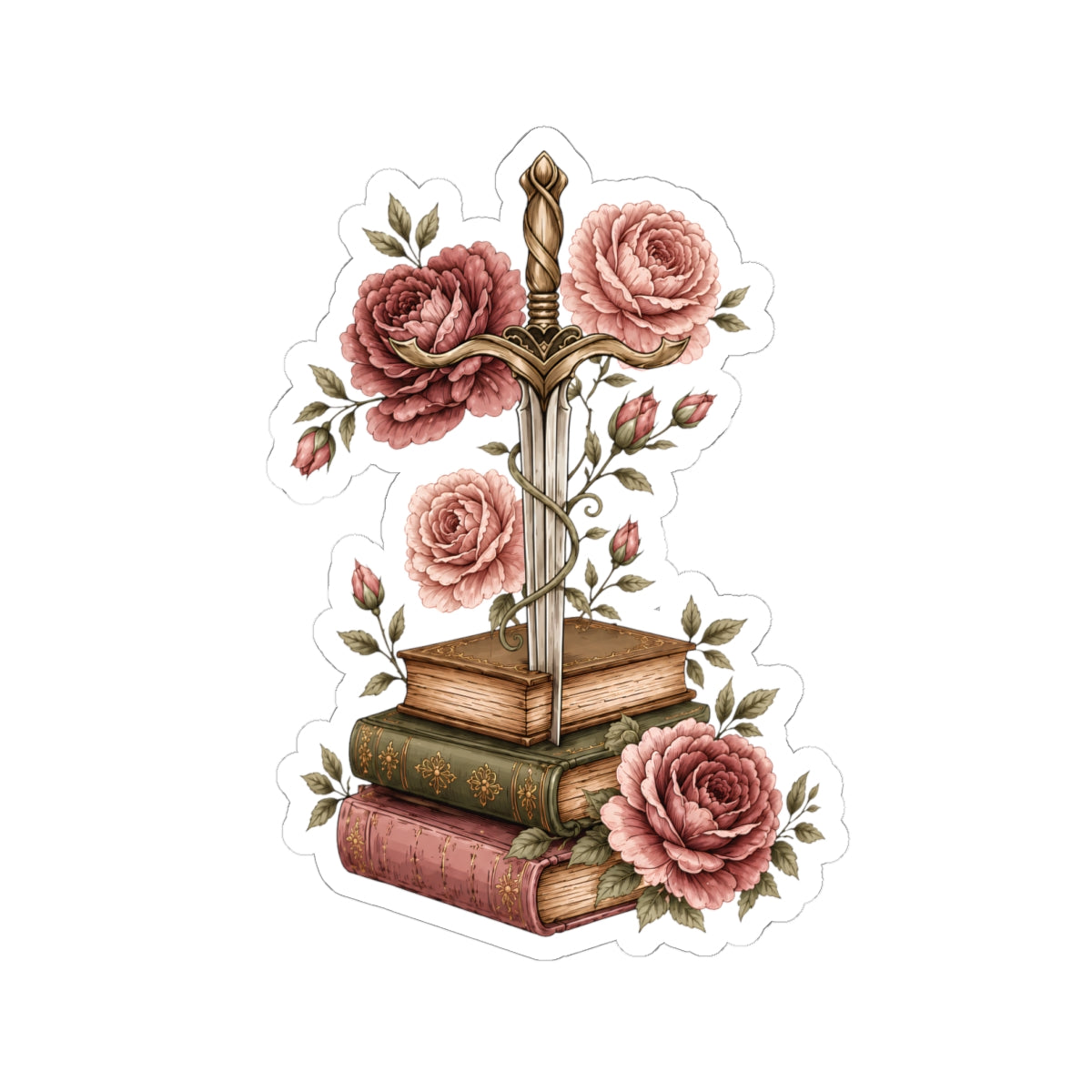 Vintage Sword & Books Floral Sticker — Romantic Rose Booklover Kiss-Cut Sticker