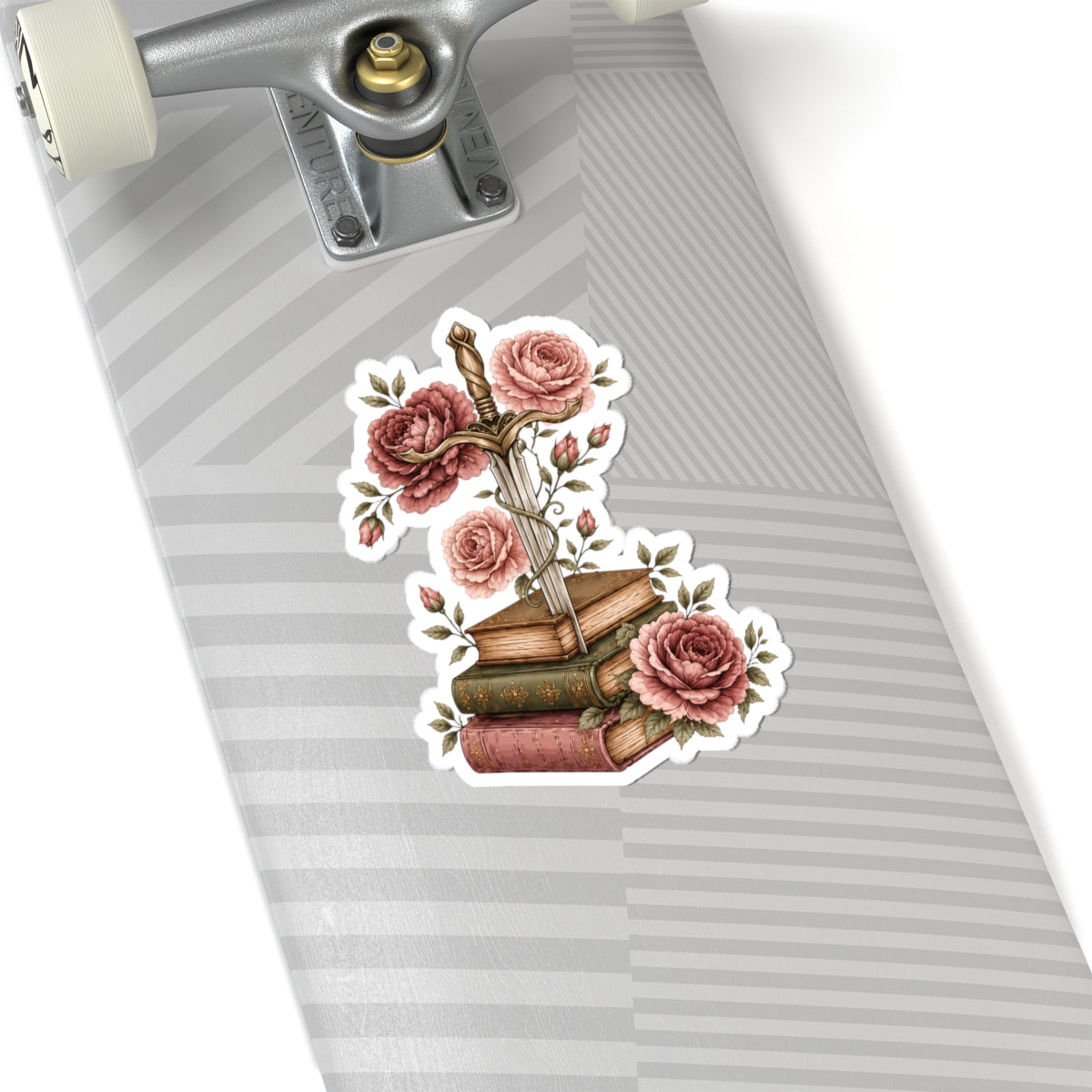 Vintage Sword & Books Floral Sticker — Romantic Rose Booklover Kiss-Cut Sticker