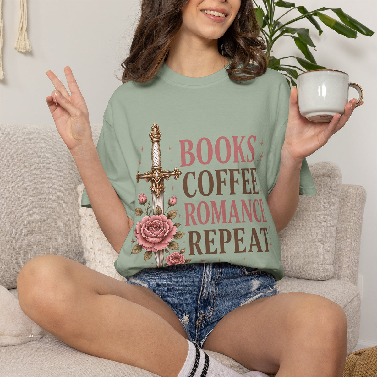 Romance Reader T-Shirt — "Books Coffee Romance Repeat" Floral Sword Graphic