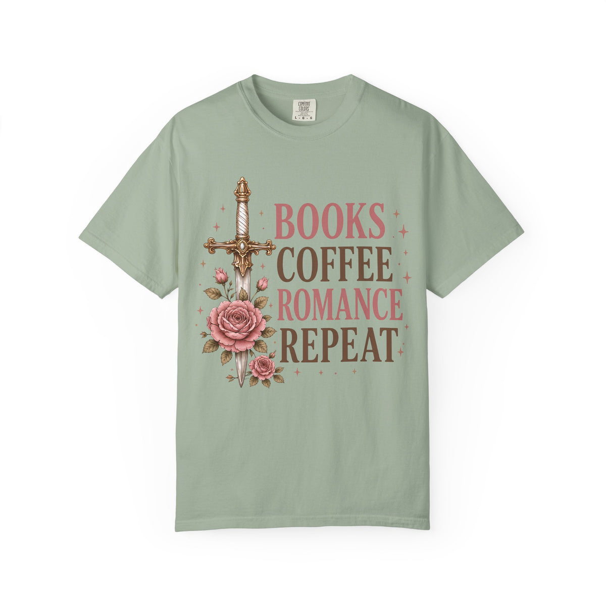 Romance Reader T-Shirt — "Books Coffee Romance Repeat" Floral Sword Graphic