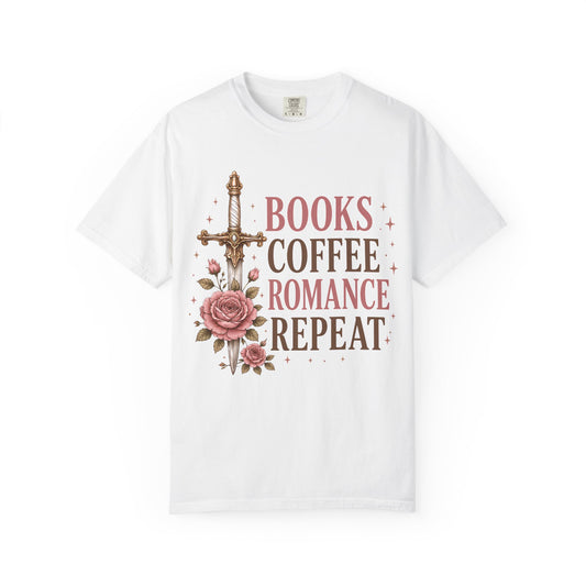 Romance Reader T-Shirt — "Books Coffee Romance Repeat" Floral Sword Graphic