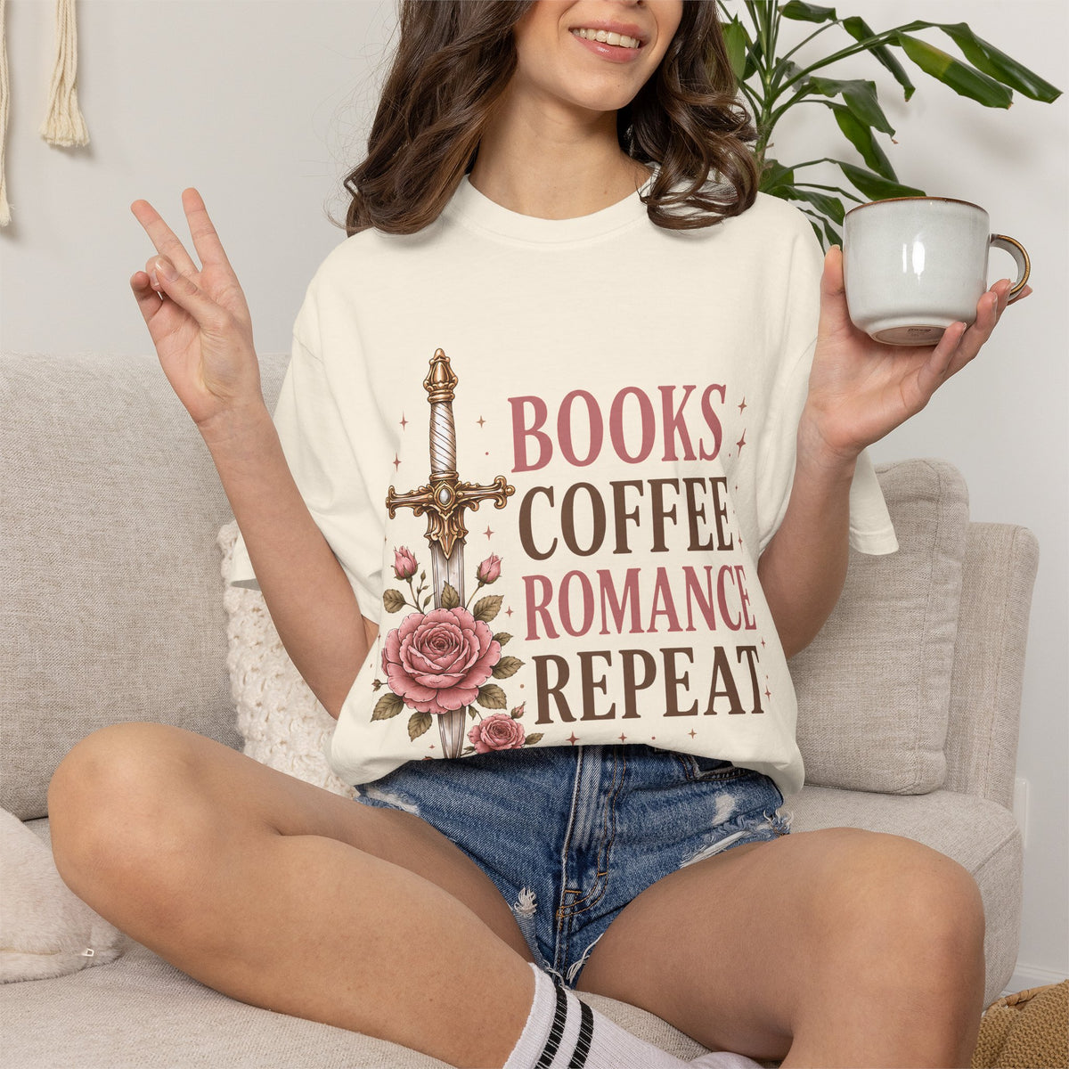 Romance Reader T-Shirt — "Books Coffee Romance Repeat" Floral Sword Graphic
