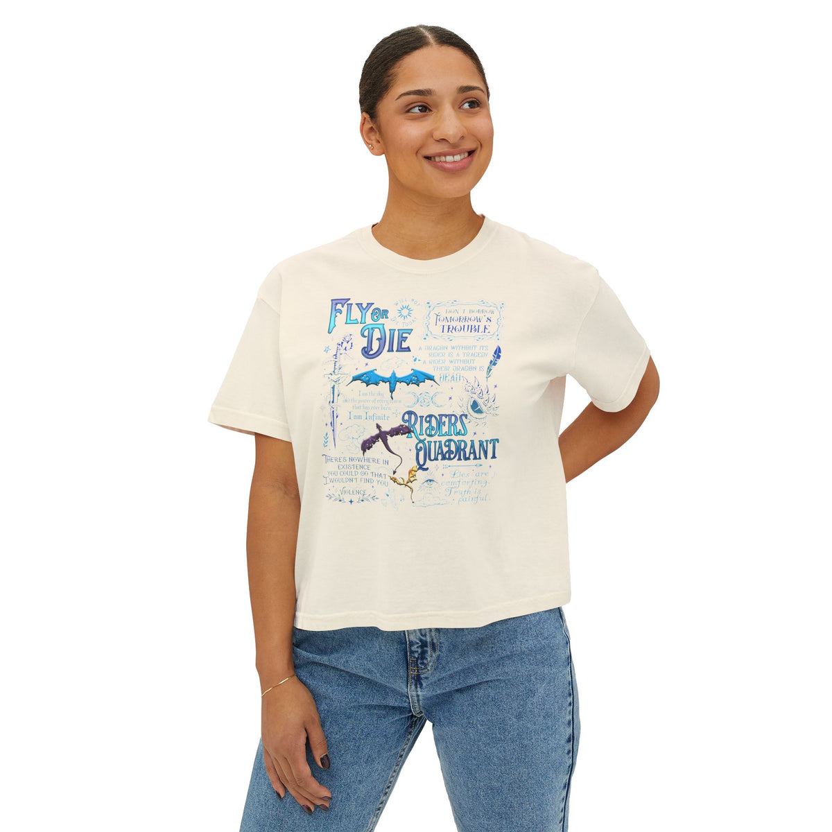 Fly or Die Riders Quadrant Boxy Tee — Fourth Wing Fandom Inspired Women's Cropped Graphic Tee
