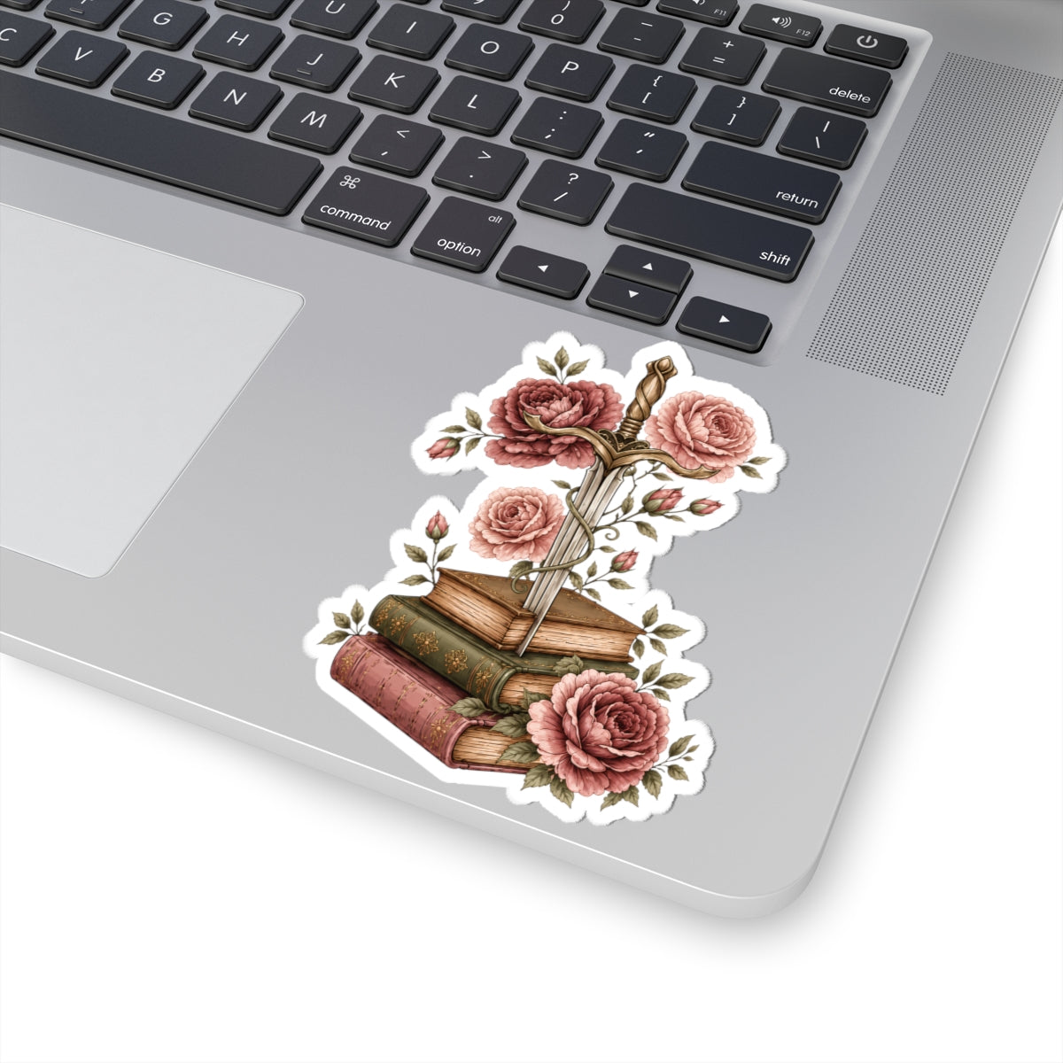 Vintage Sword & Books Floral Sticker — Romantic Rose Booklover Kiss-Cut Sticker