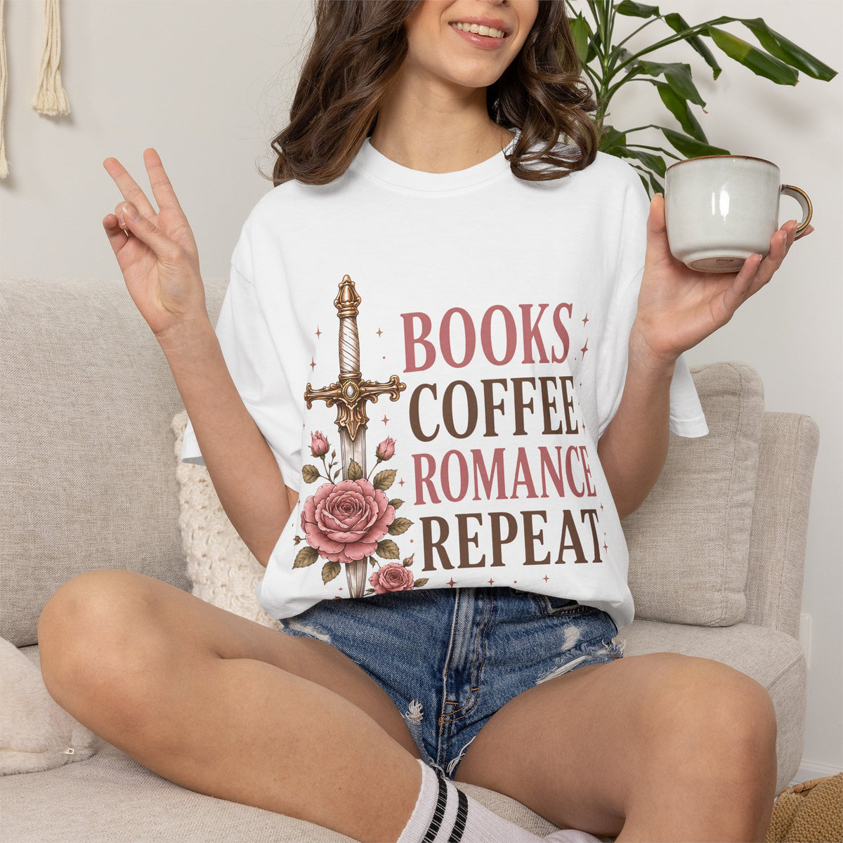 Romance Reader T-Shirt — "Books Coffee Romance Repeat" Floral Sword Graphic