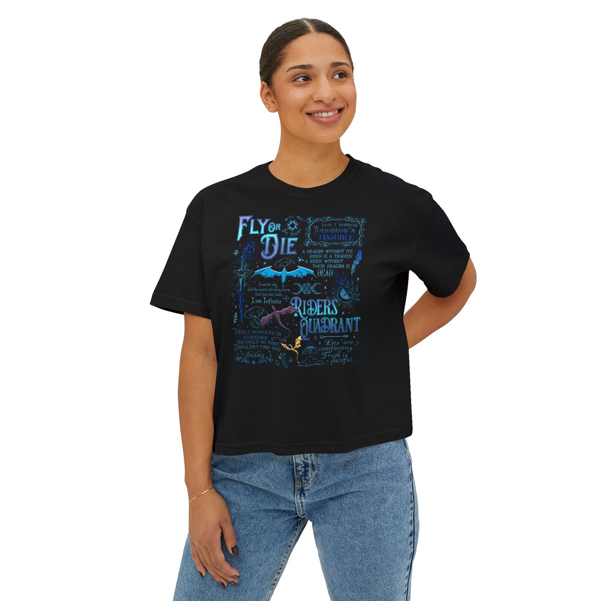 Fly or Die Riders Quadrant Boxy Tee — Fourth Wing Fandom Inspired Women's Cropped Graphic Tee
