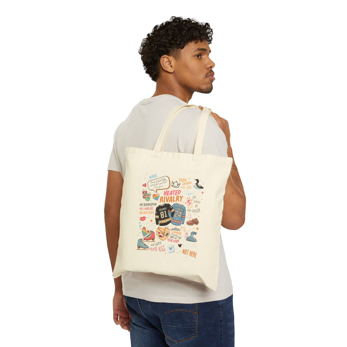 Heated Rivalry Hockey Illustration Cotton Tote — Custom Text Canvas Bag