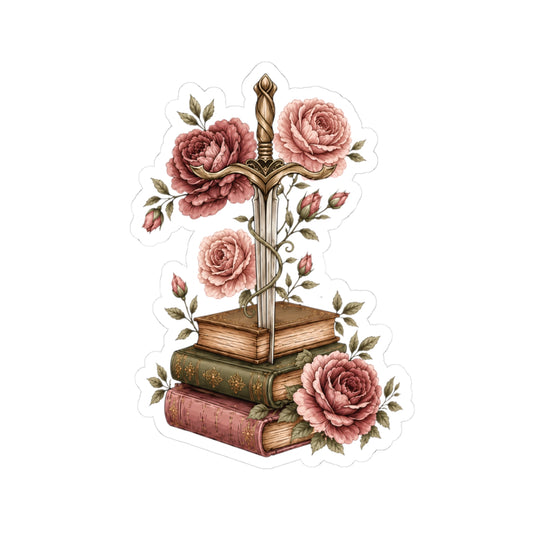 Vintage Sword & Books Floral Sticker — Romantic Rose Booklover Kiss-Cut Sticker