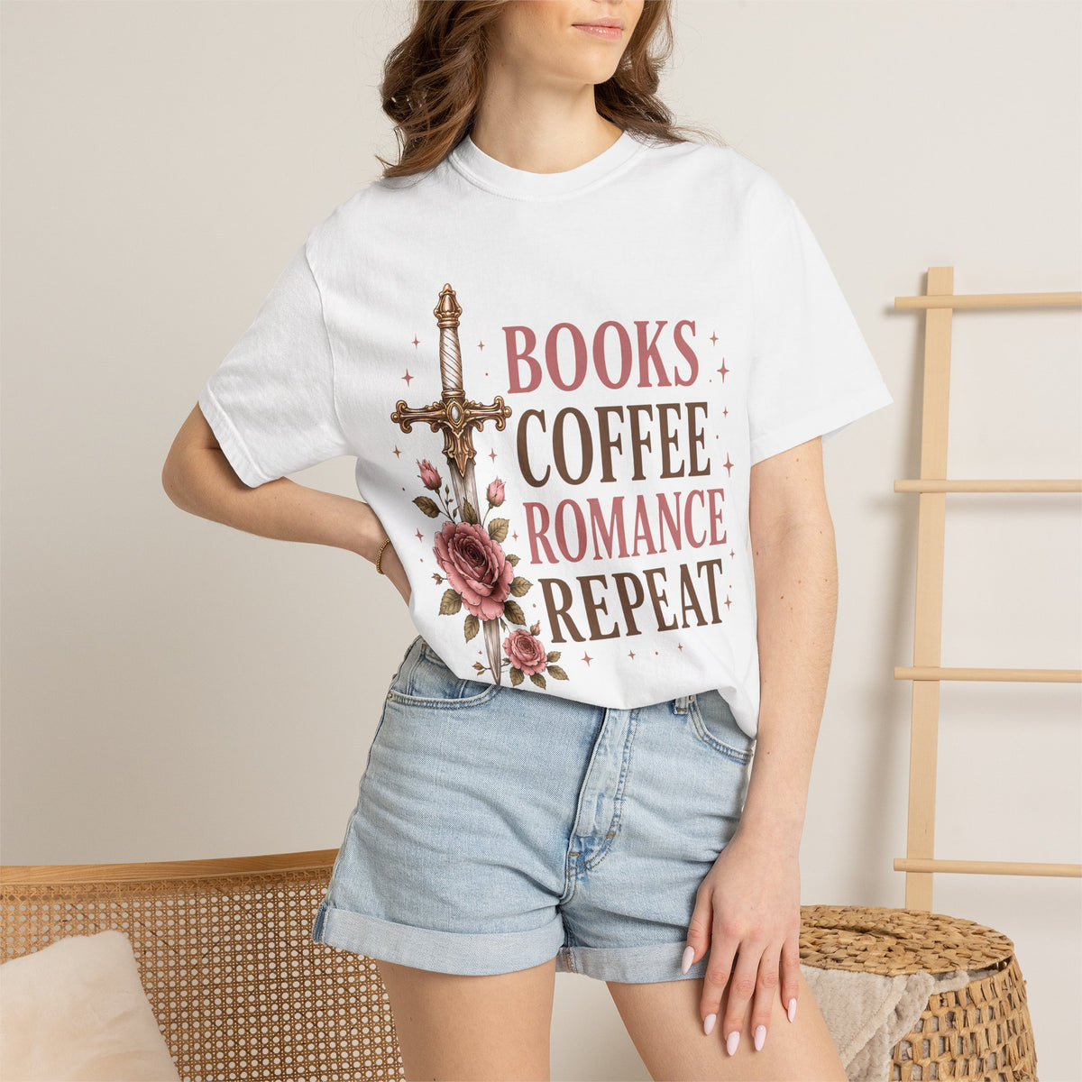 Romance Reader T-Shirt — "Books Coffee Romance Repeat" Floral Sword Graphic
