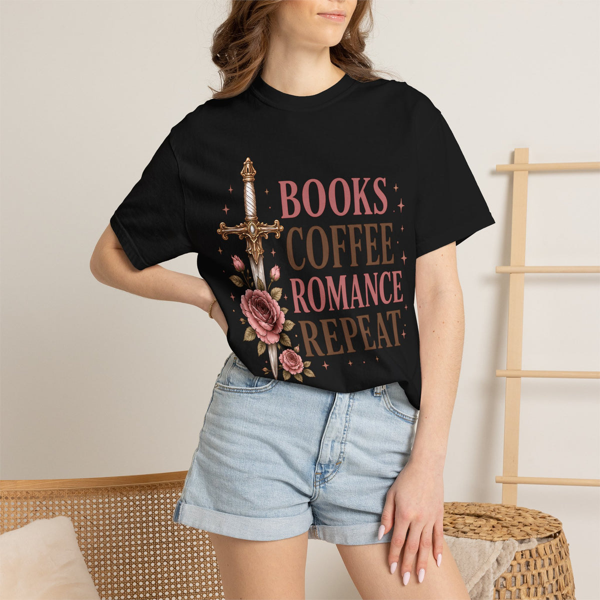 Romance Reader T-Shirt — "Books Coffee Romance Repeat" Floral Sword Graphic
