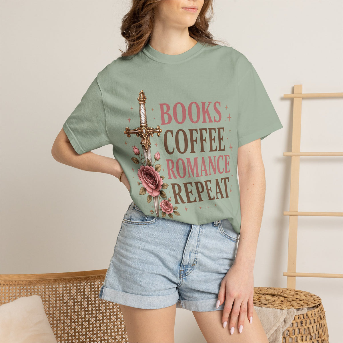 Romance Reader T-Shirt — "Books Coffee Romance Repeat" Floral Sword Graphic