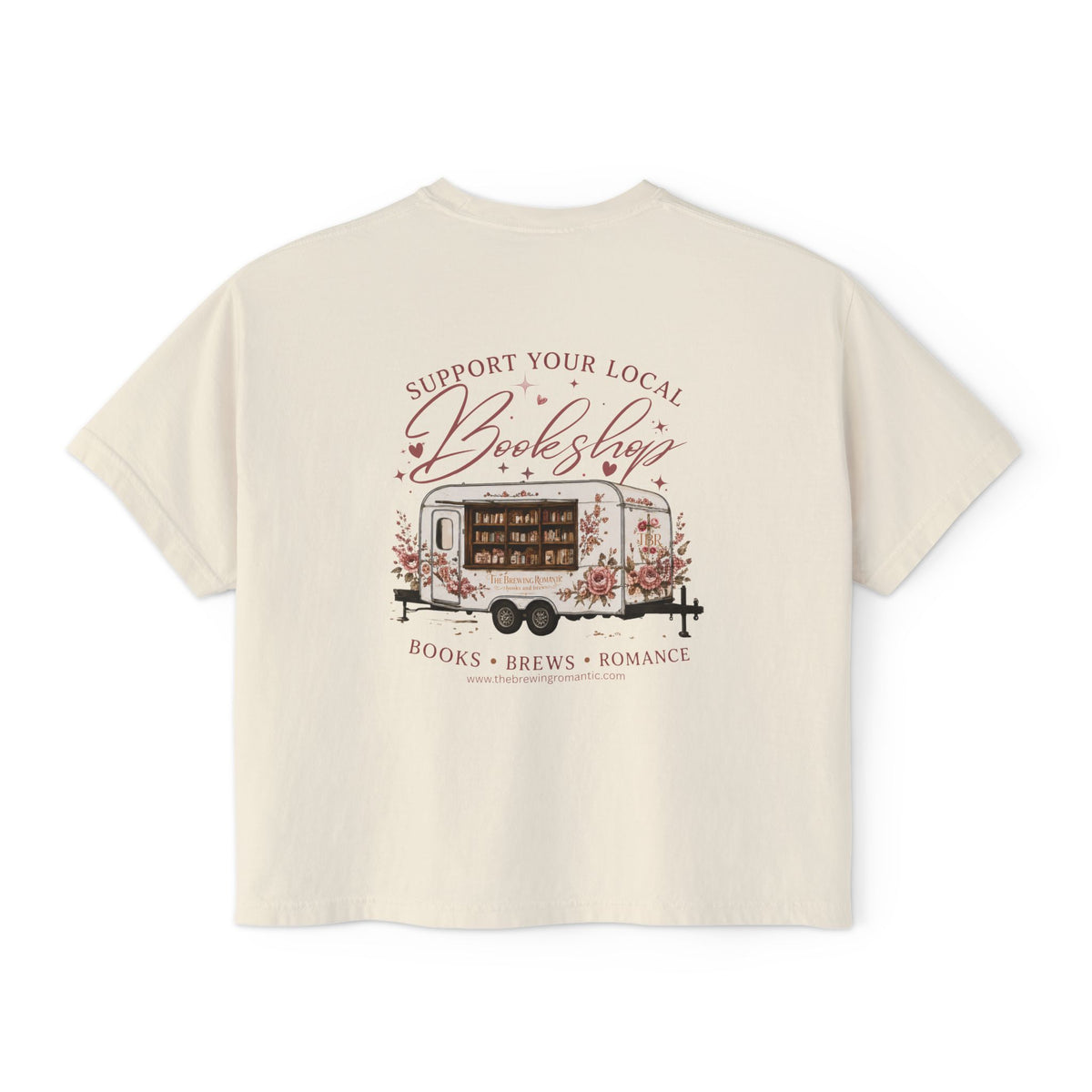 Support Your Local Bookshop Tee — Women's Boxy Shirt with Bookmobile & Floral Design