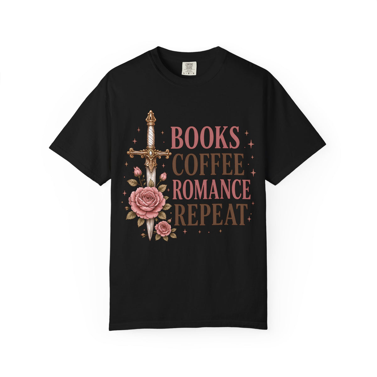 Romance Reader T-Shirt — "Books Coffee Romance Repeat" Floral Sword Graphic