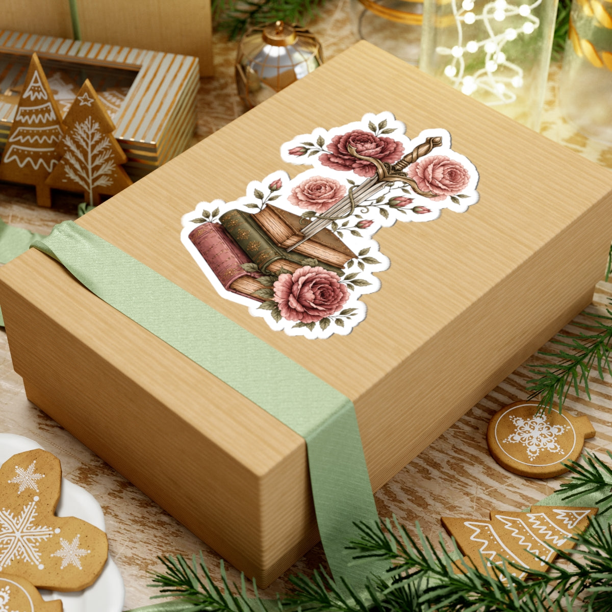 Vintage Sword & Books Floral Sticker — Romantic Rose Booklover Kiss-Cut Sticker
