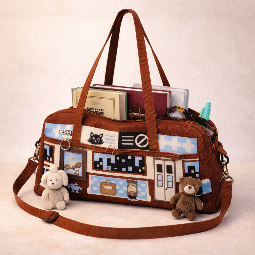 Subway Station Critter Tote | Bookish Crossbody Bag with Enamel Pins & Plush Loops | Cozy Reader Gift
