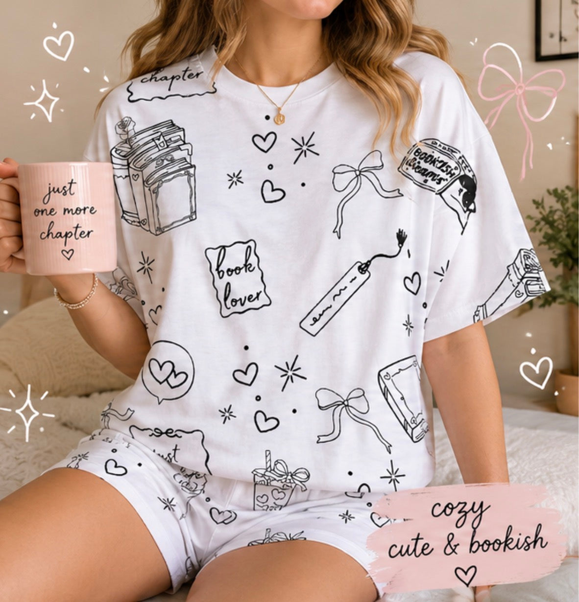 Women's Pajama Set — Black & White Booklover Short Sleep Set ("Just One More Chapter")