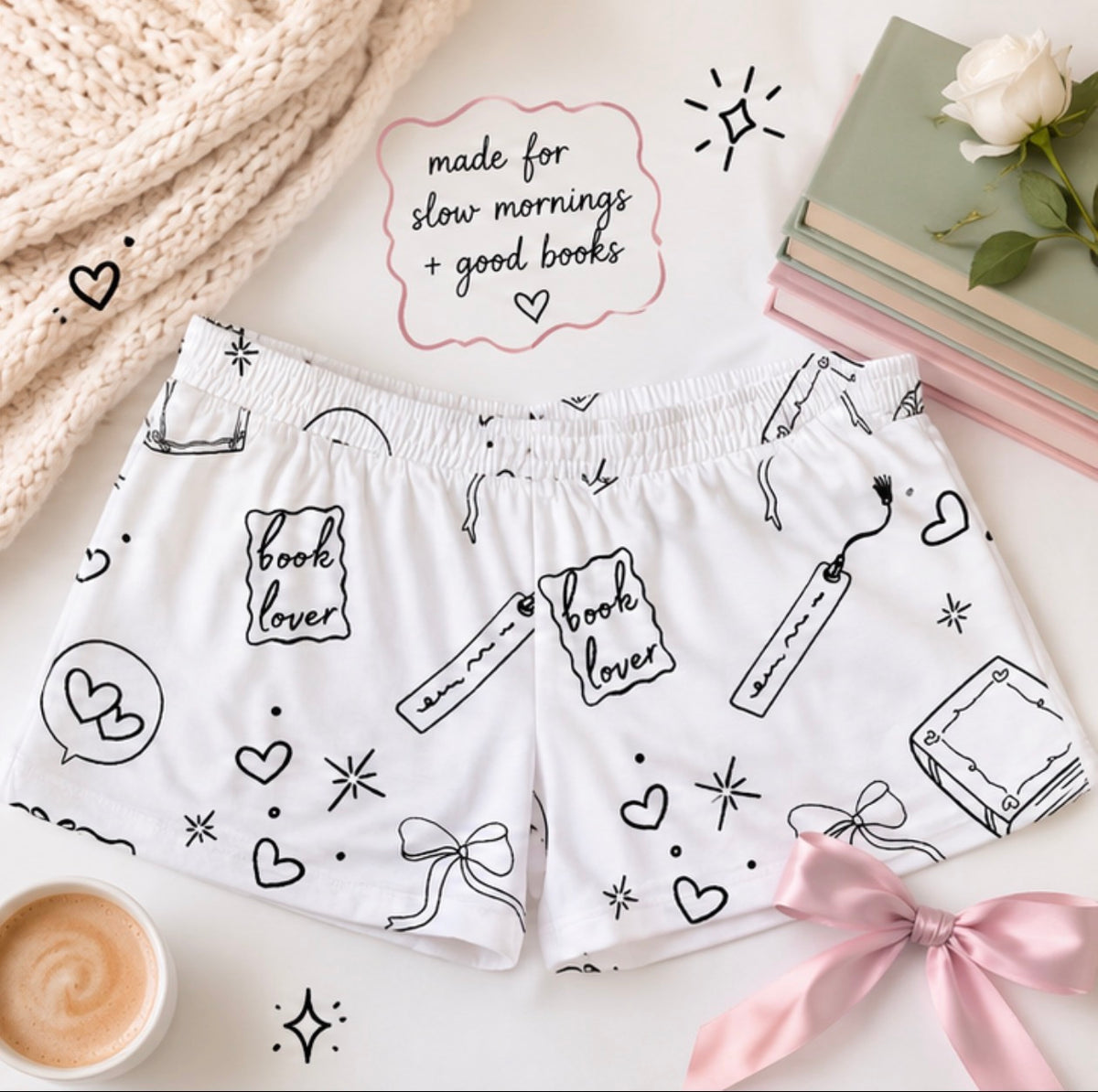 Women's Pajama Set — Black & White Booklover Short Sleep Set ("Just One More Chapter")