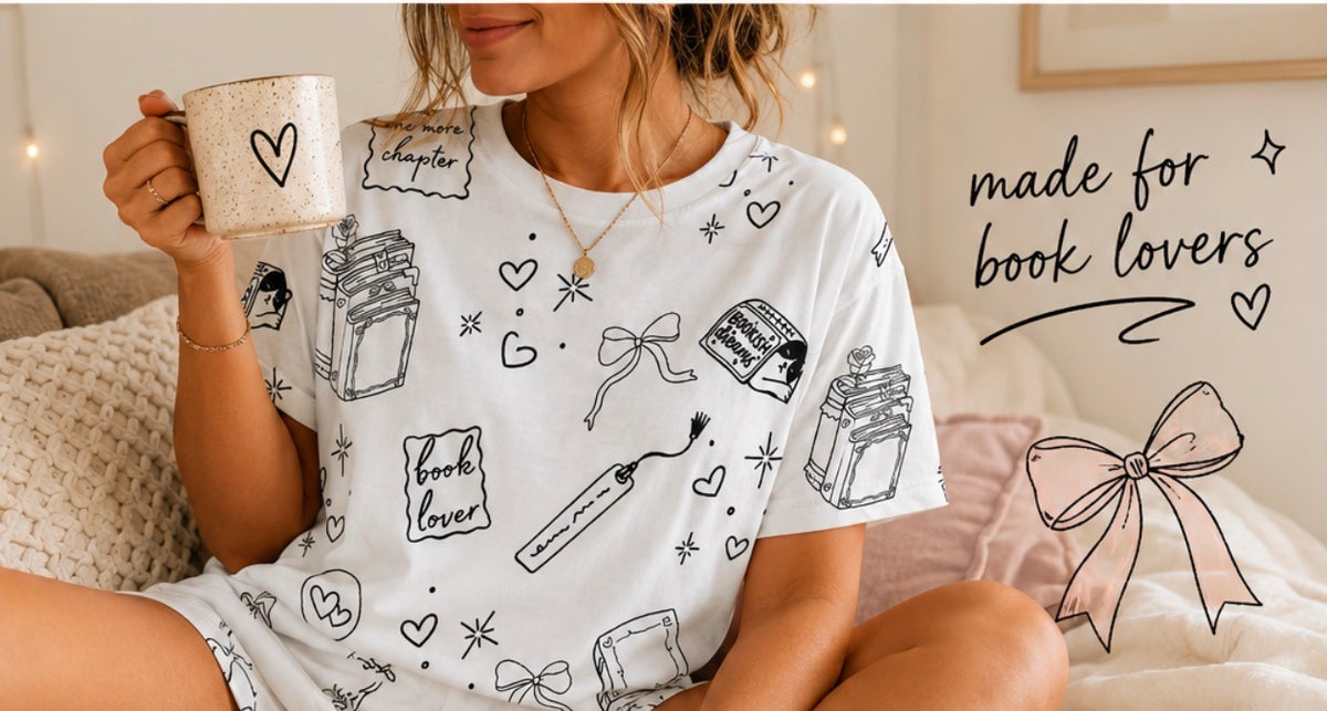Women's Pajama Set — Black & White Booklover Short Sleep Set ("Just One More Chapter")