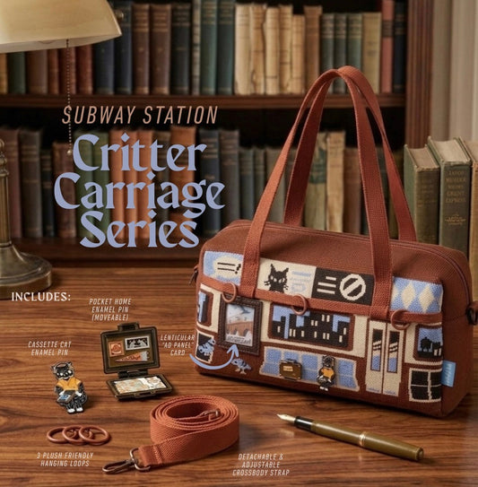 Subway Station Critter Tote | Bookish Crossbody Bag with Enamel Pins & Plush Loops | Cozy Reader Gift